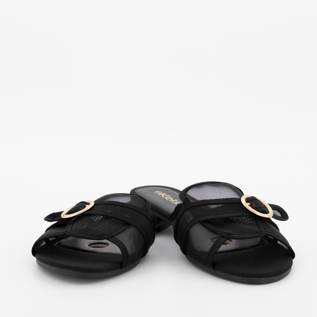 Ladies Peeptoe Albert Cut Flat Sandal -Black