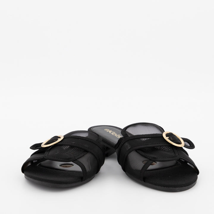 Ladies Peeptoe Albert Cut Flat Sandal -Black