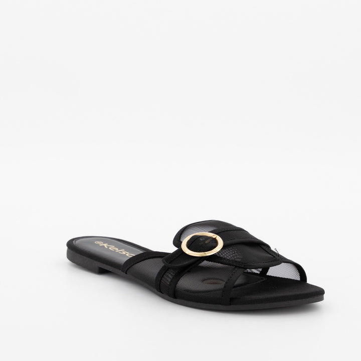 Ladies Peeptoe Albert Cut Flat Sandal -Black