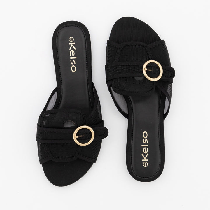 Ladies Peeptoe Albert Cut Flat Sandal -Black