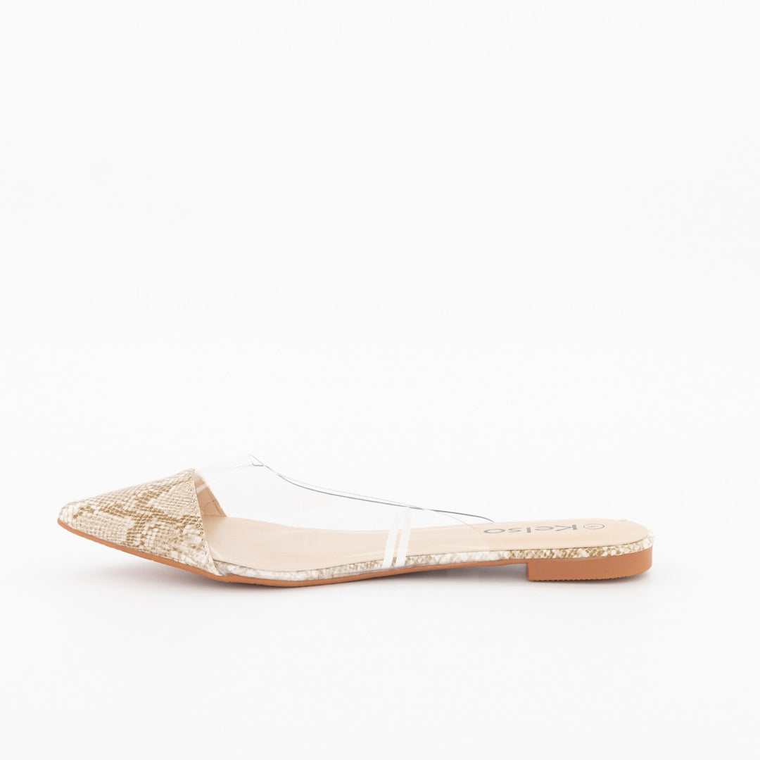 Ladies Vinyl Pointed Toe Flat Push-In Shoe-Beige