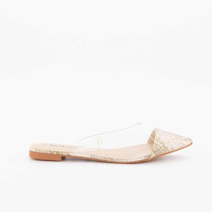 Ladies Vinyl Pointed Toe Flat Push-In Shoe-Beige