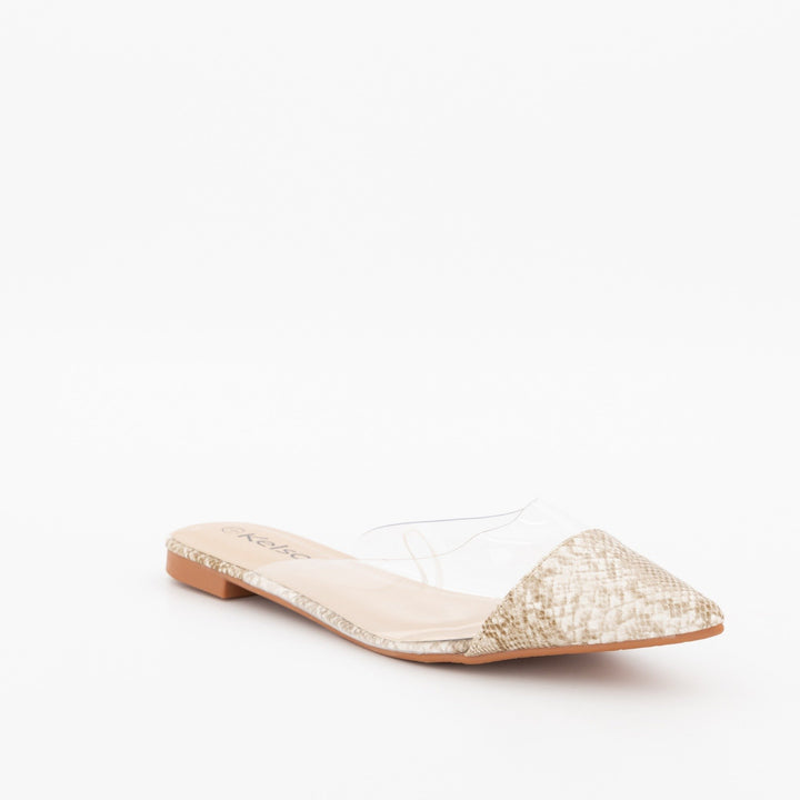 Ladies Vinyl Pointed Toe Flat Push-In Shoe-Beige