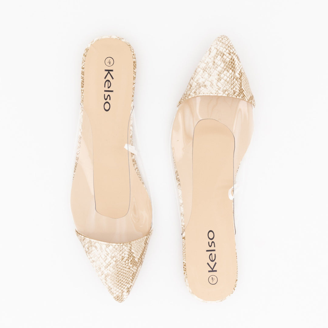 Ladies Vinyl Pointed Toe Flat Push-In Shoe-Beige