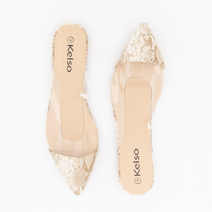 Ladies Vinyl Pointed Toe Flat Push-In Shoe-Beige