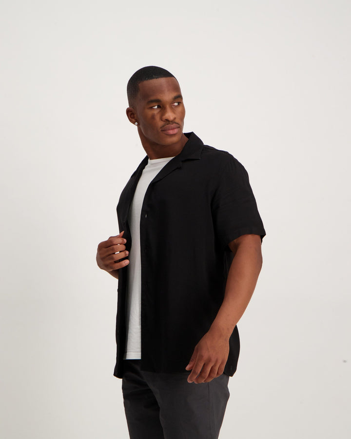 Men's Short Sleeve Viscose Loose Gladneck Shirt - Black