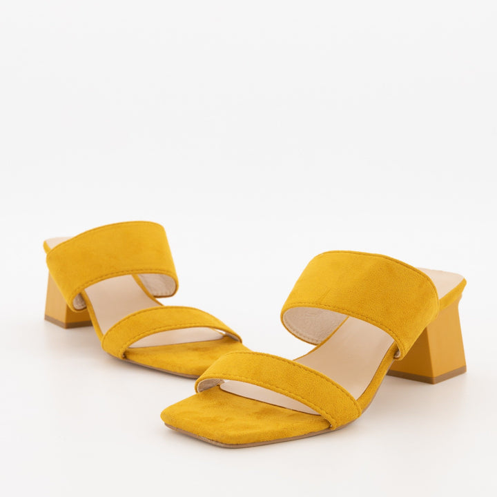 Ladies Double Strap Push-In Block Heel Mule - Mustard