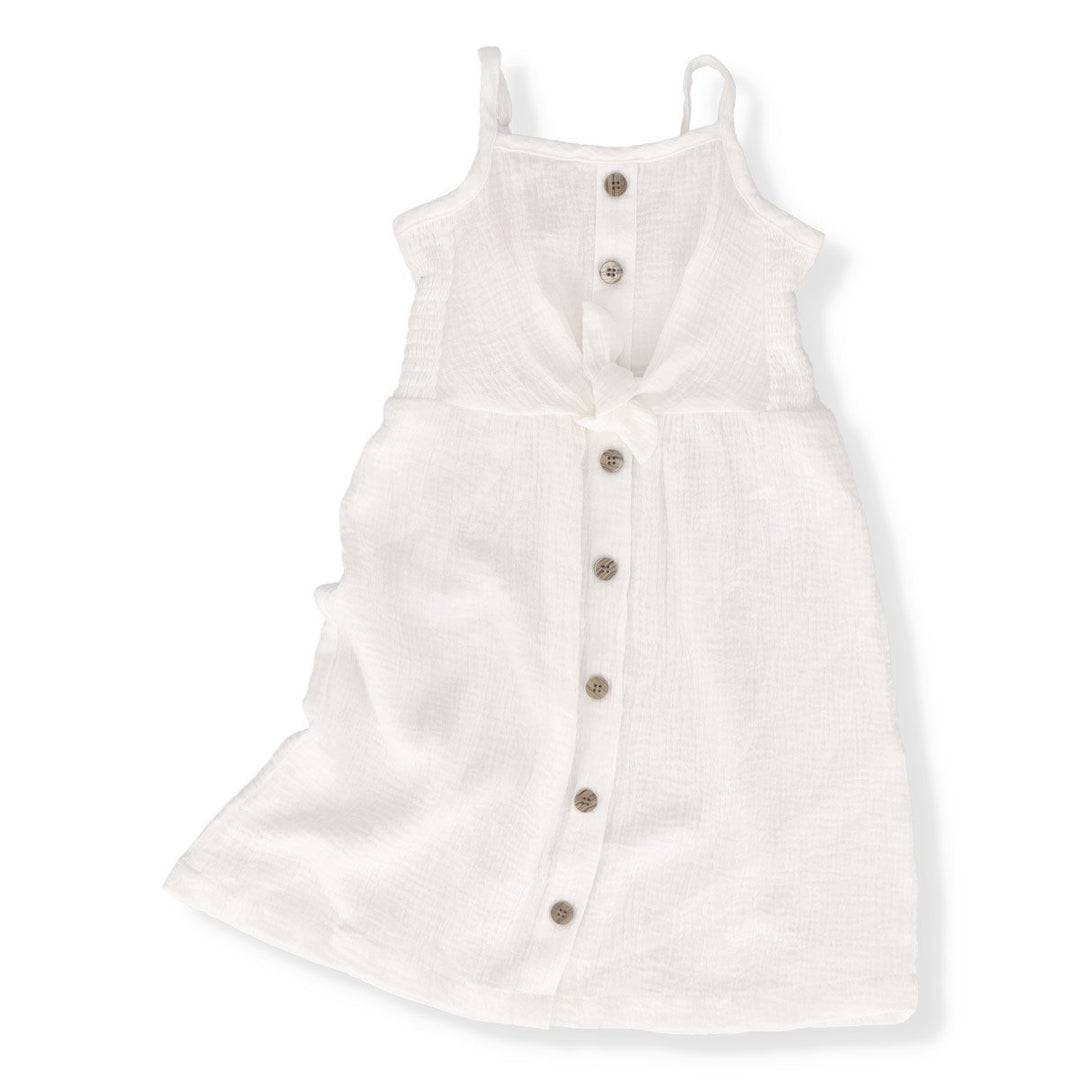 Girls Front Tie Button Dress - White