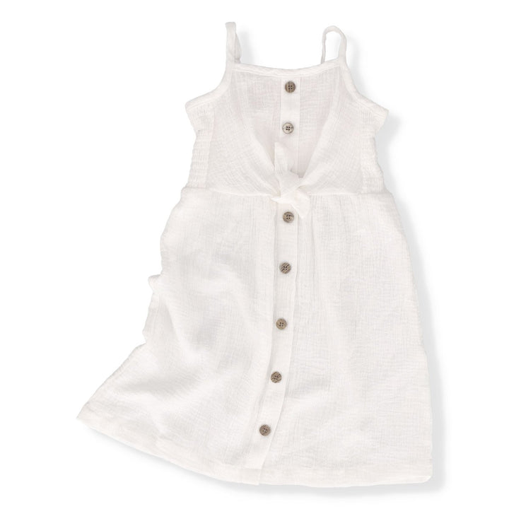 Girls Front Tie Button Dress - White