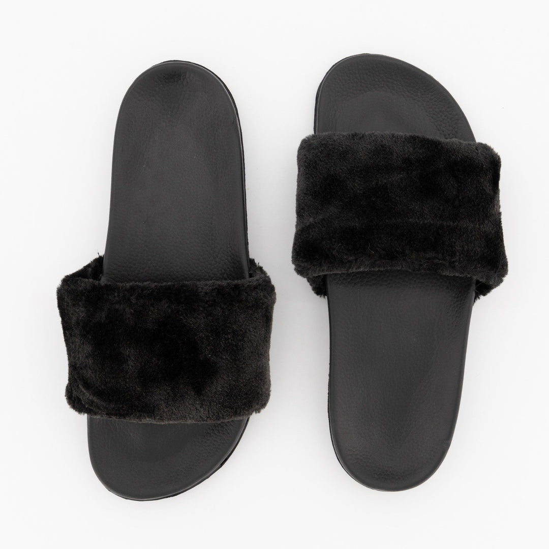 Ladies Fur Slide Mule - Black