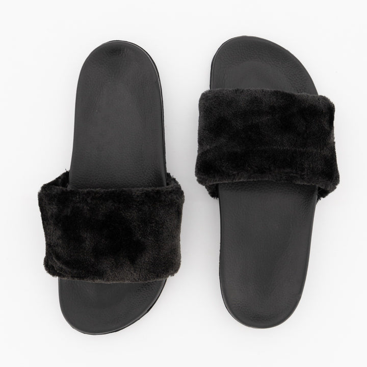 Ladies Fur Slide Mule - Black