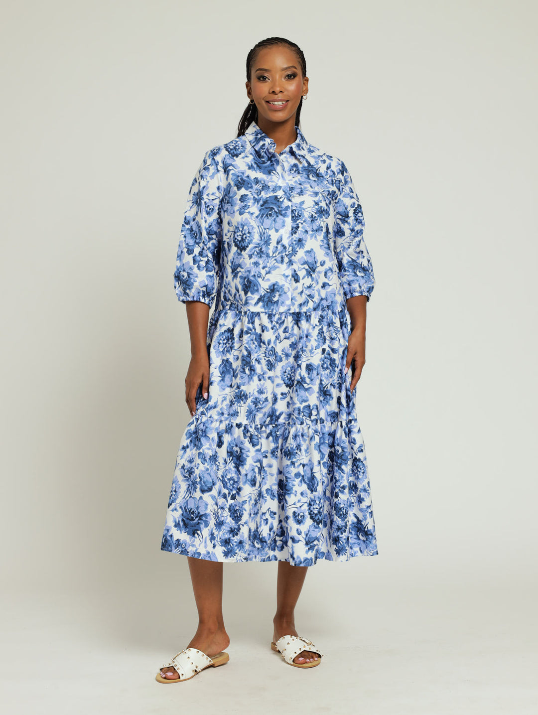Tiered Button Down Shirt Dress Blue