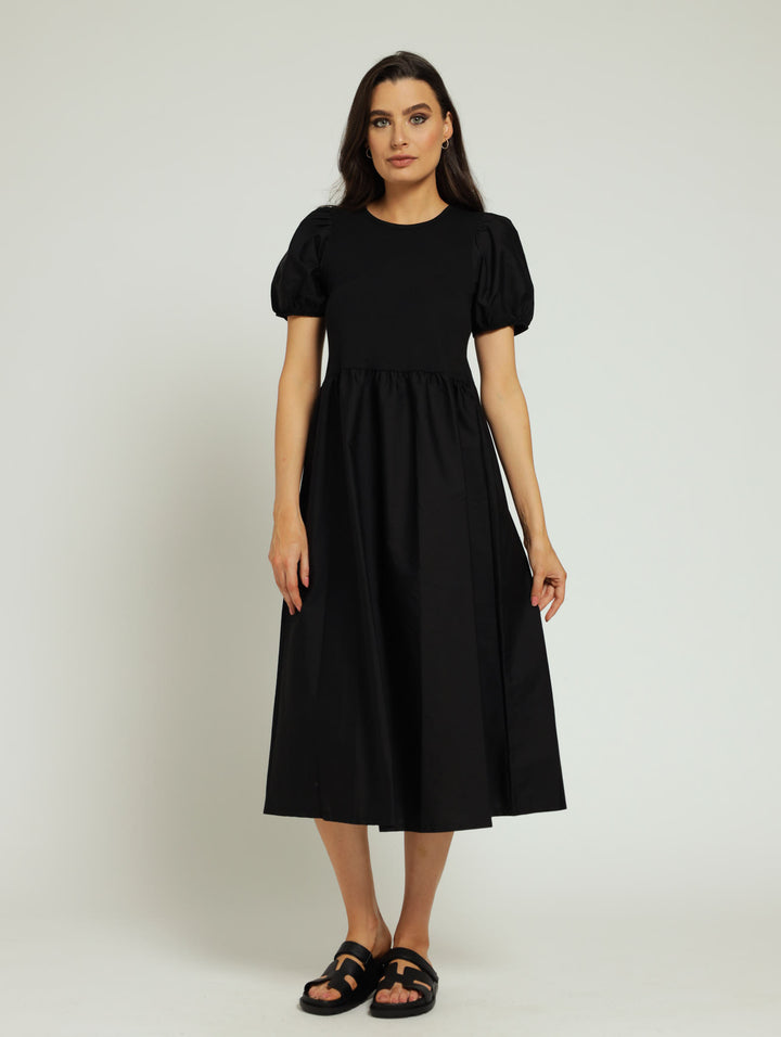 Puff Sleeve Rib Combo Midi Dress - Black