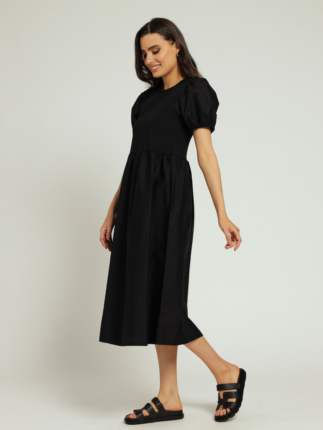 Puff Sleeve Rib Combo Midi Dress - Black