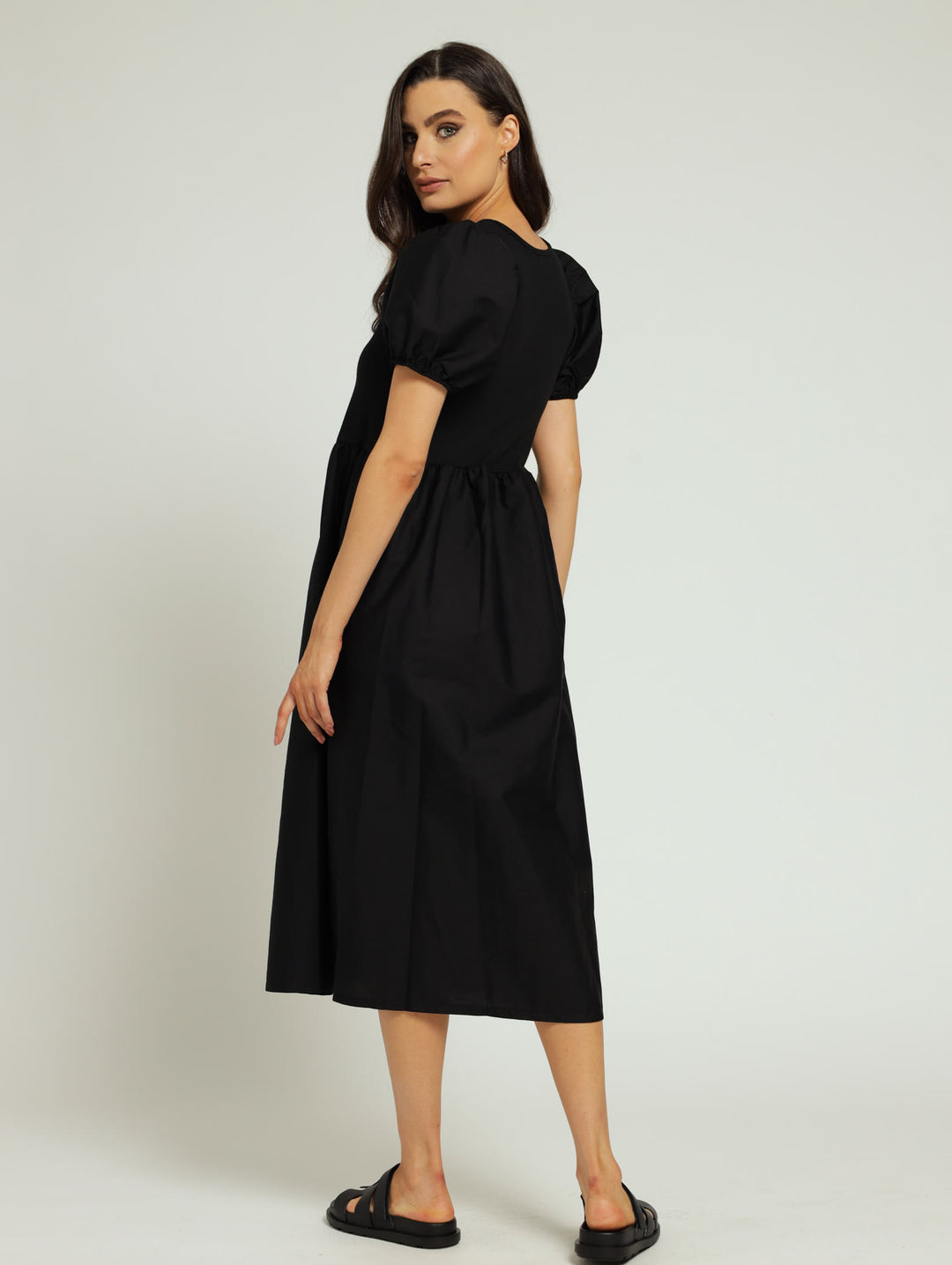 Puff Sleeve Rib Combo Midi Dress - Black