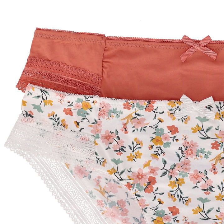 Ladies 2 Pack Printed Lace Trim Panty - Rust