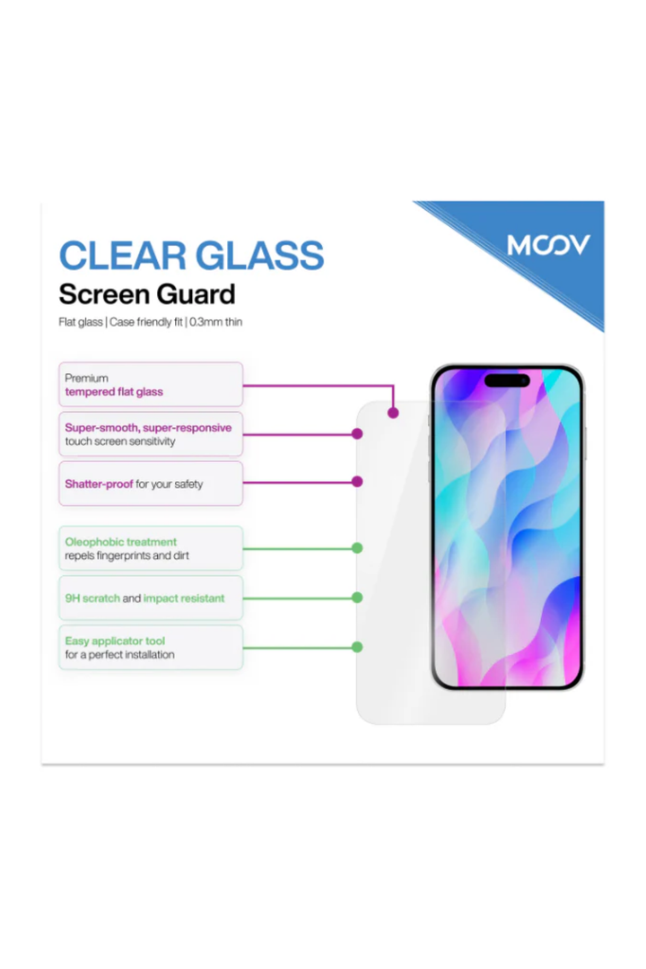 Moov Clear Glass Screen Guard for iPhone 16|15