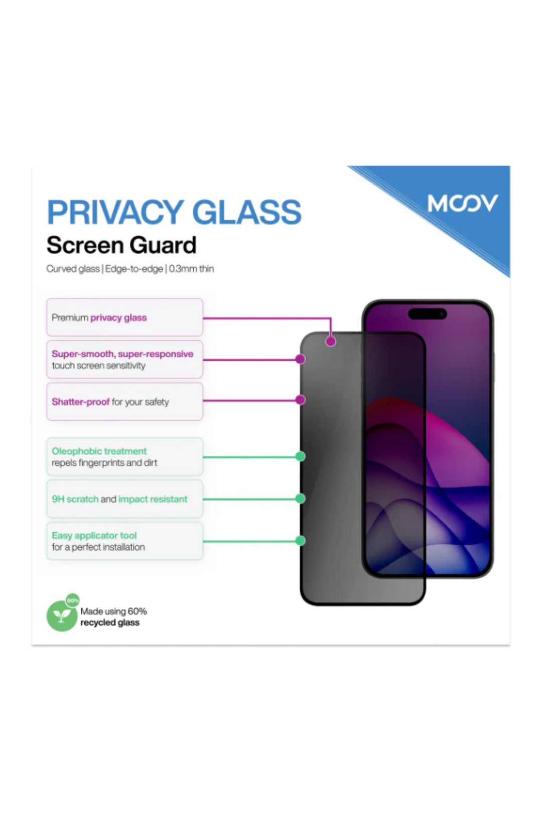 Moov Clear Glass Screen Guard for iPhone 16 Pro Max
