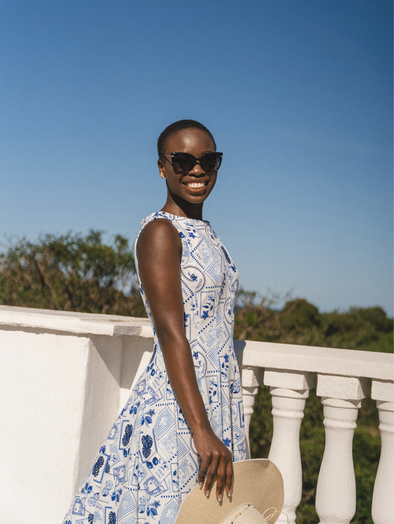 Panelled Skater Mini Dress - White/Blue