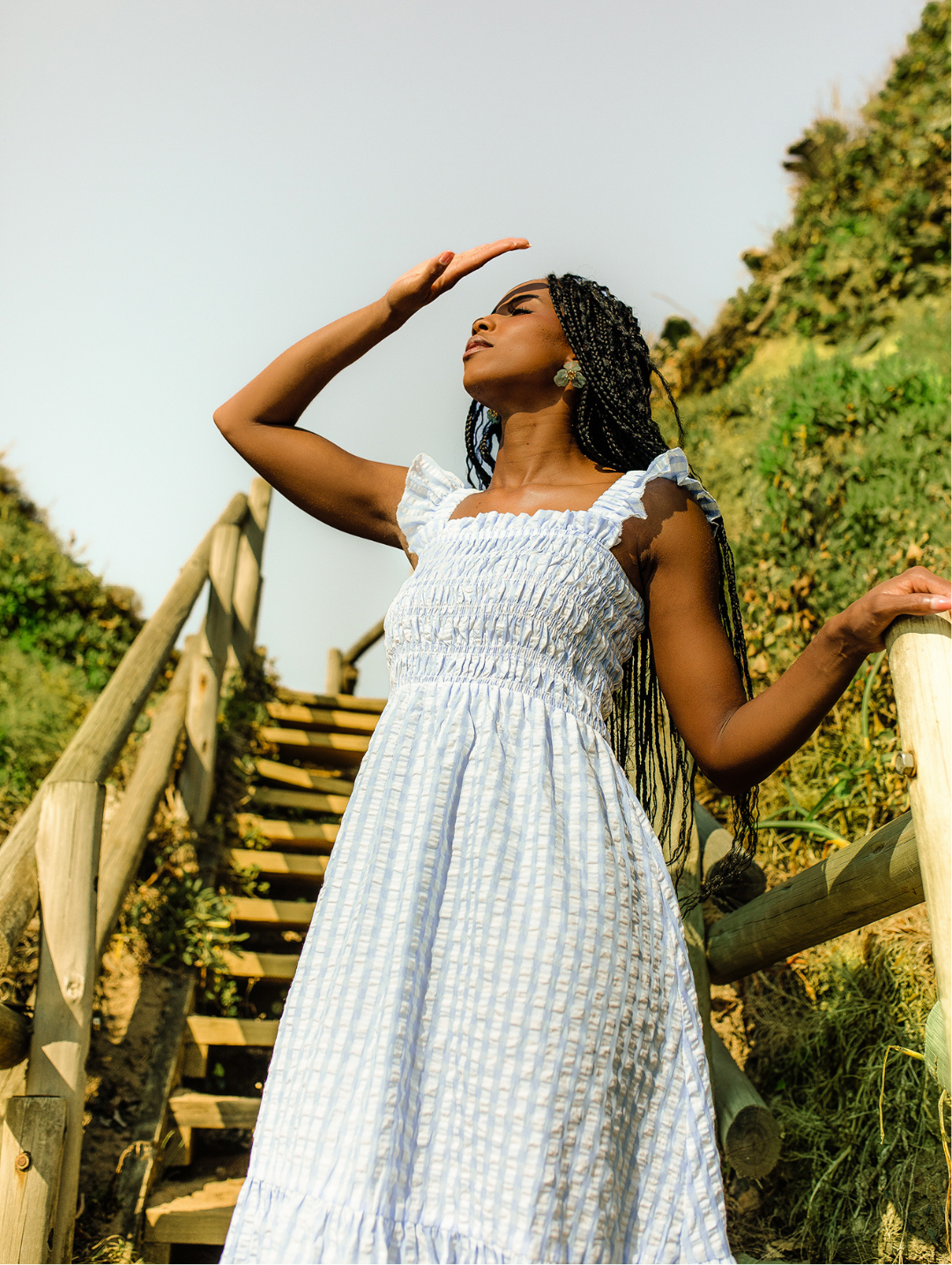 Frill Strap Shirred Bodice Frill Hem Midaxi Dress - White/Light Blue