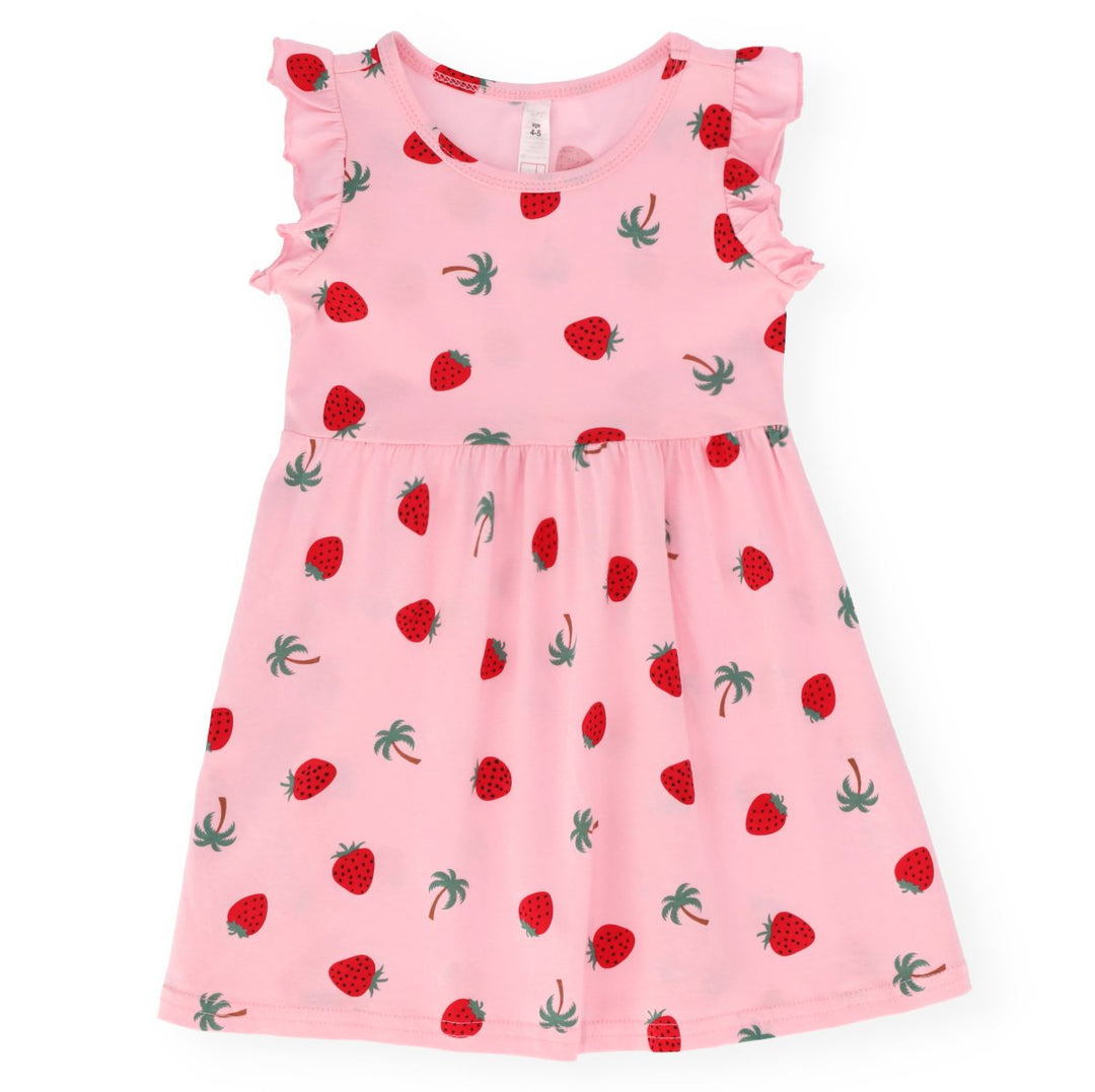 Pre-Girls Frill Sleeve Strawberry All Over Print Dress - White