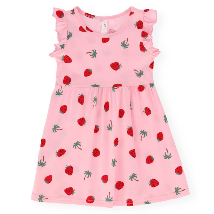 Pre-Girls Frill Sleeve Strawberry All Over Print Dress - White