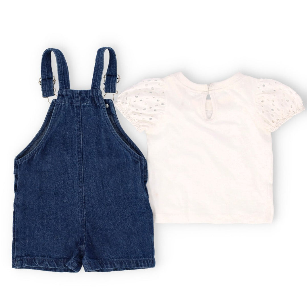 Baby Girls Dungaree With Anglaise Sleeve Tee - Denim