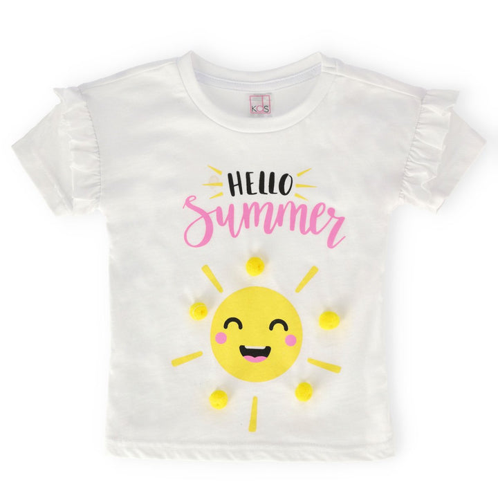 Pre-Girls Short Sleeve Sun Tee With Pom Poms - White