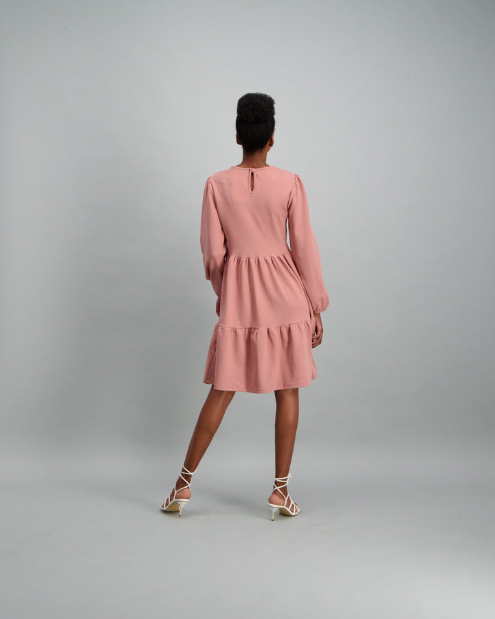 Ladies-Long Sleeve Tiered Dress - Light Pink