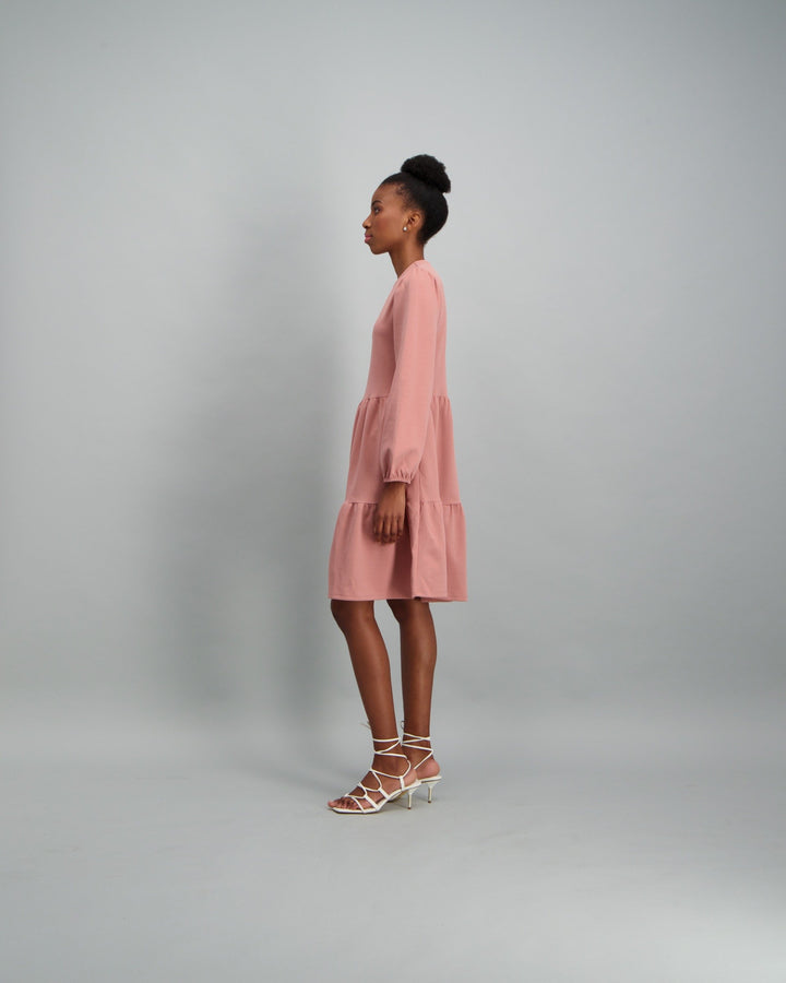 Ladies-Long Sleeve Tiered Dress - Light Pink