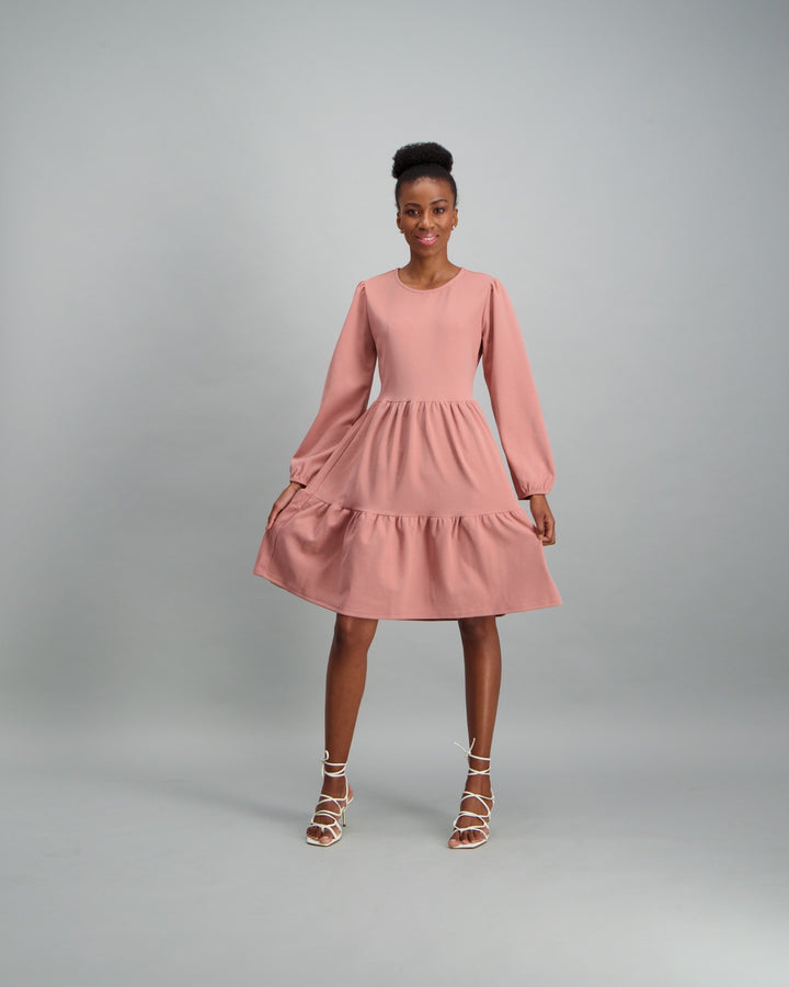 Ladies-Long Sleeve Tiered Dress - Light Pink