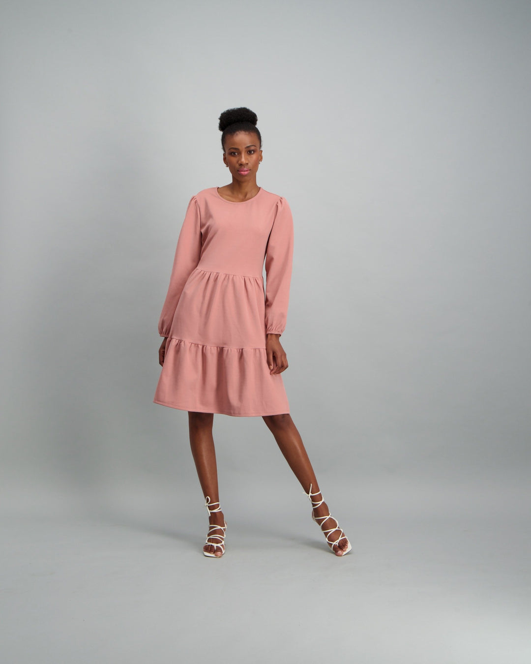 Ladies-Long Sleeve Tiered Dress - Light Pink
