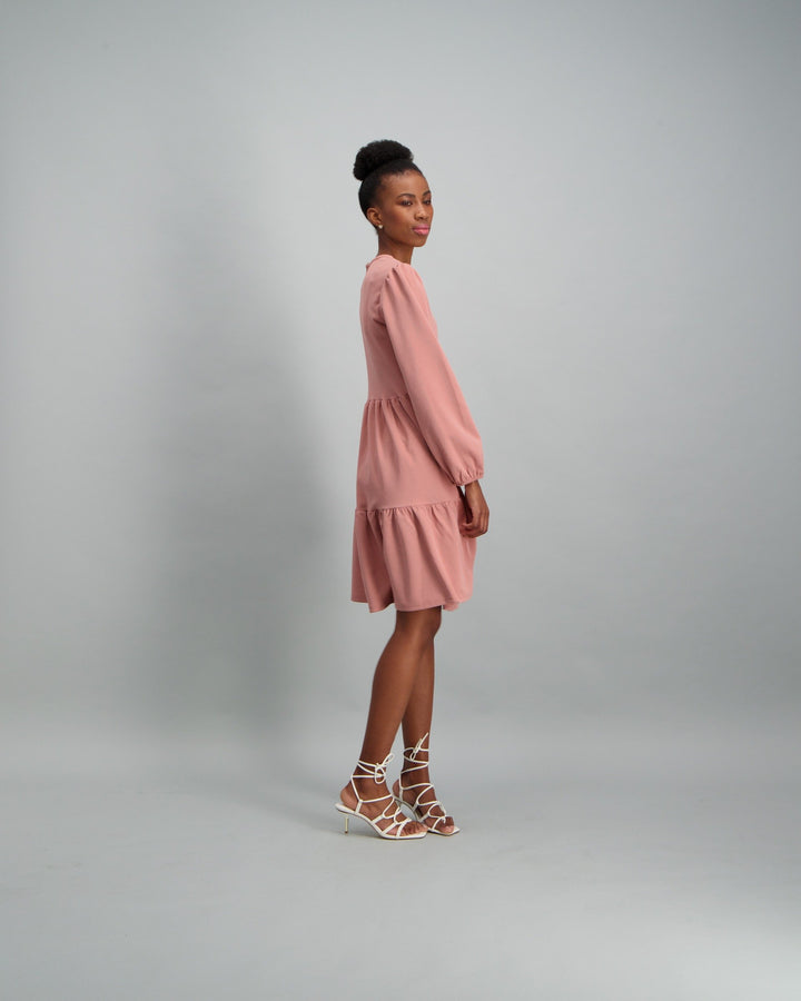 Ladies-Long Sleeve Tiered Dress - Light Pink