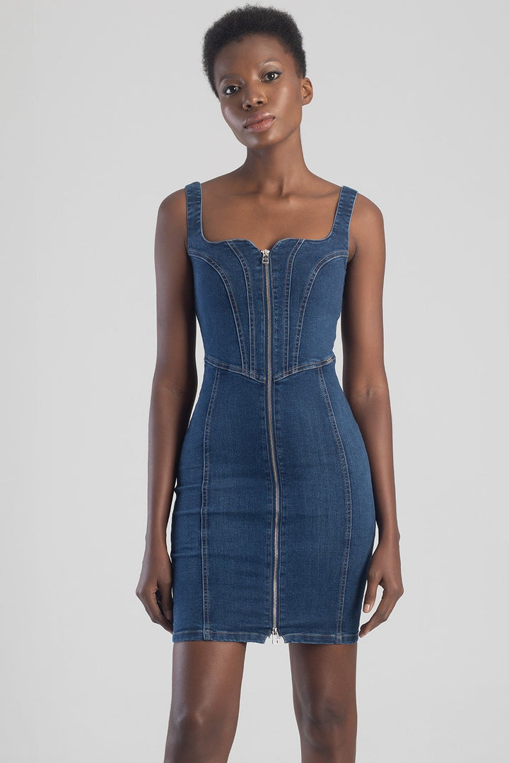 Strappy Denim Dress With Zip - Blue