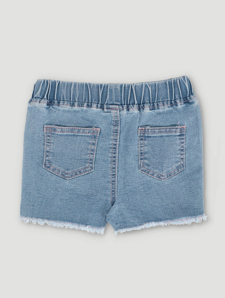 Pre-Girls Fashion Denim Pull On Short With Abrasions - Medium Blue