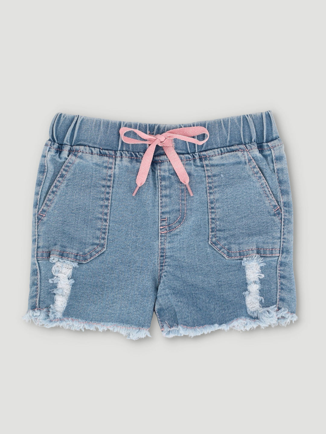 Pre-Girls Fashion Denim Pull On Short With Abrasions - Medium Blue