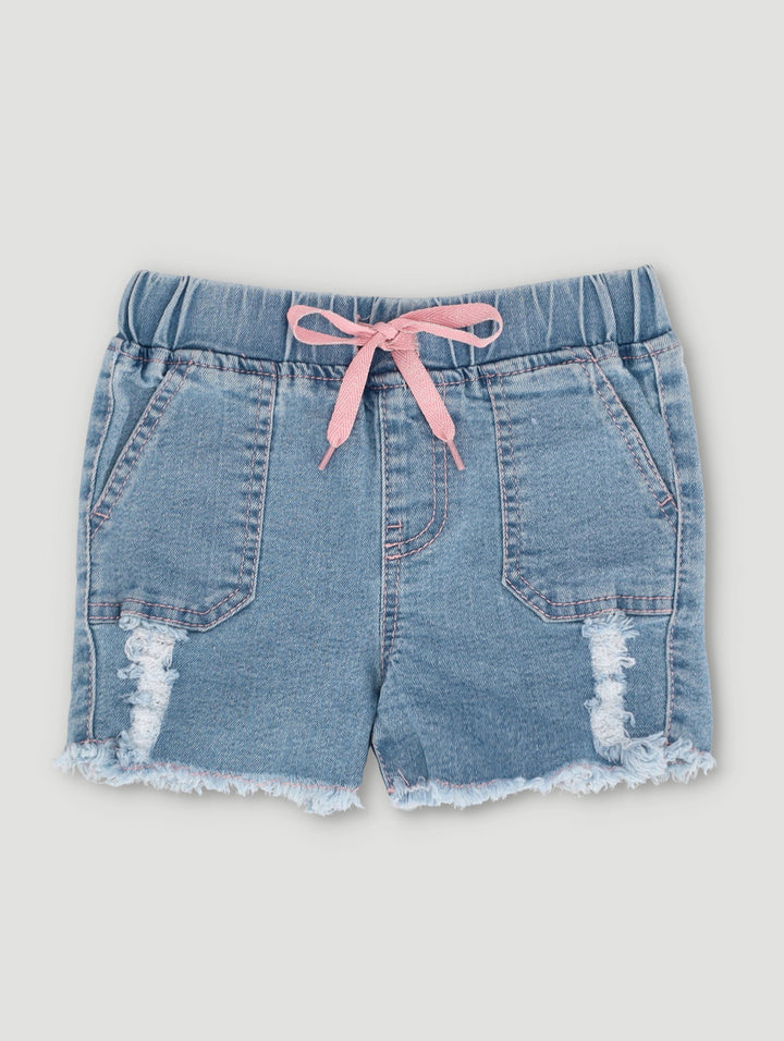Pre-Girls Fashion Denim Pull On Short With Abrasions - Medium Blue