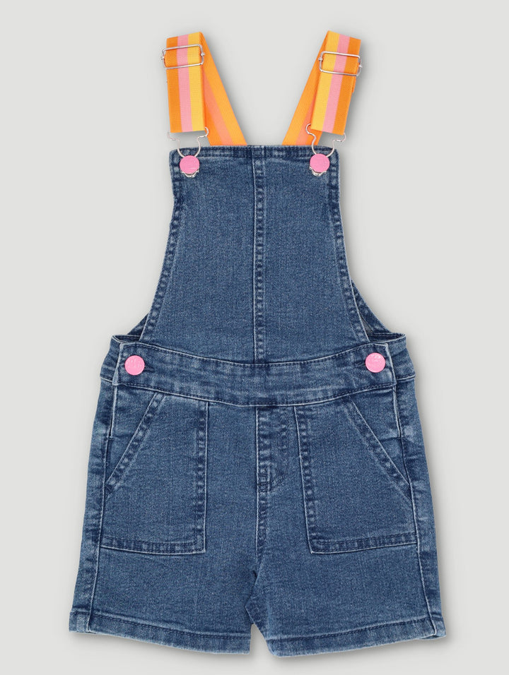 Pre-Girls Dungaree With Stripe Straps - Medium Blue
