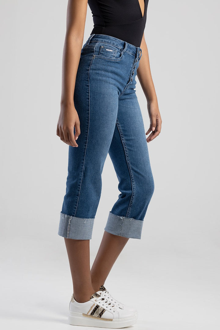 Ryder High Waist Capri Turn Up & Button Detail Jeans - Mid Blue