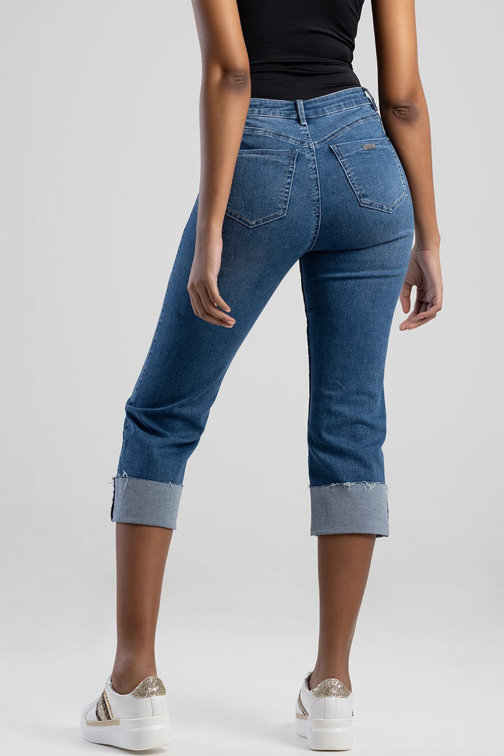 Ryder High Waist Capri Turn Up & Button Detail Jeans - Mid Blue
