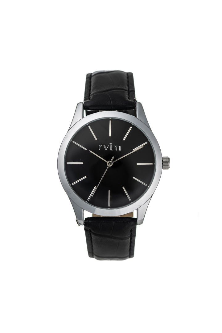Gents 44Mm Silver Case Watch With Black Dial & Band