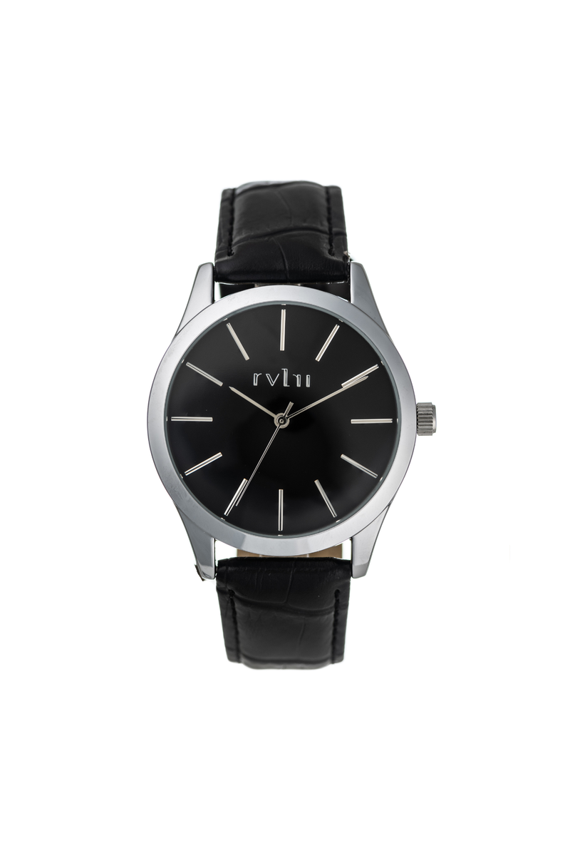 Gents 44Mm Silver Case Watch With Black Dial & Band