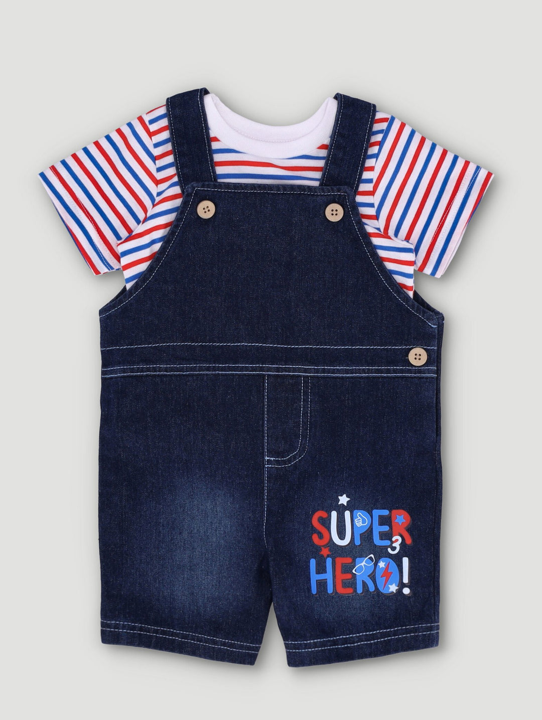 Baby Boys Denim Dungaree Stripe Tee Set - Navy