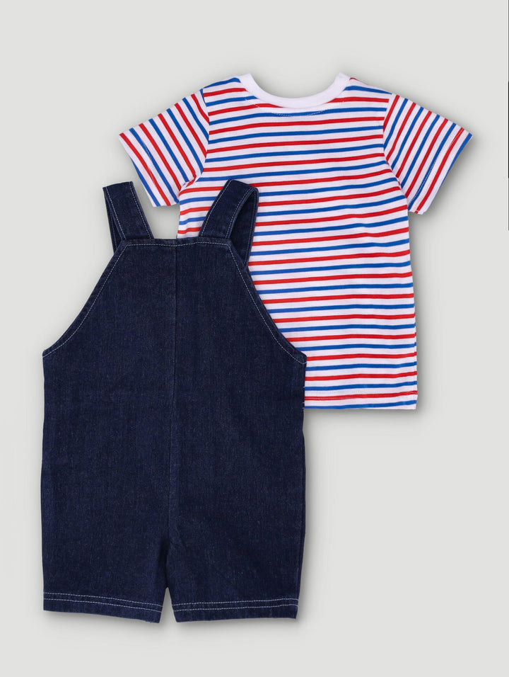 Baby Boys Denim Dungaree Stripe Tee Set - Navy