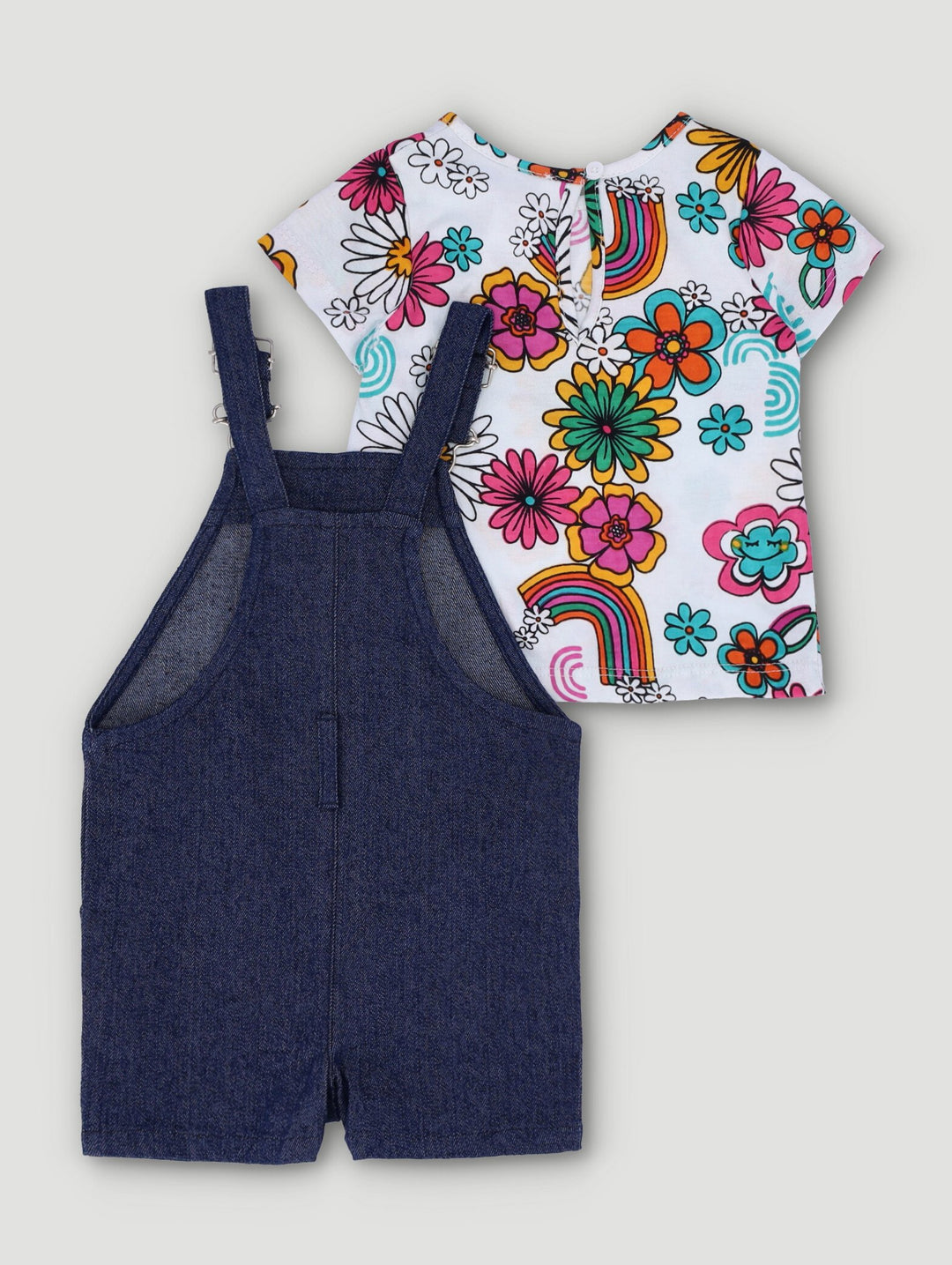 Baby Girls Flower Dungaree Shorts Set - Denim