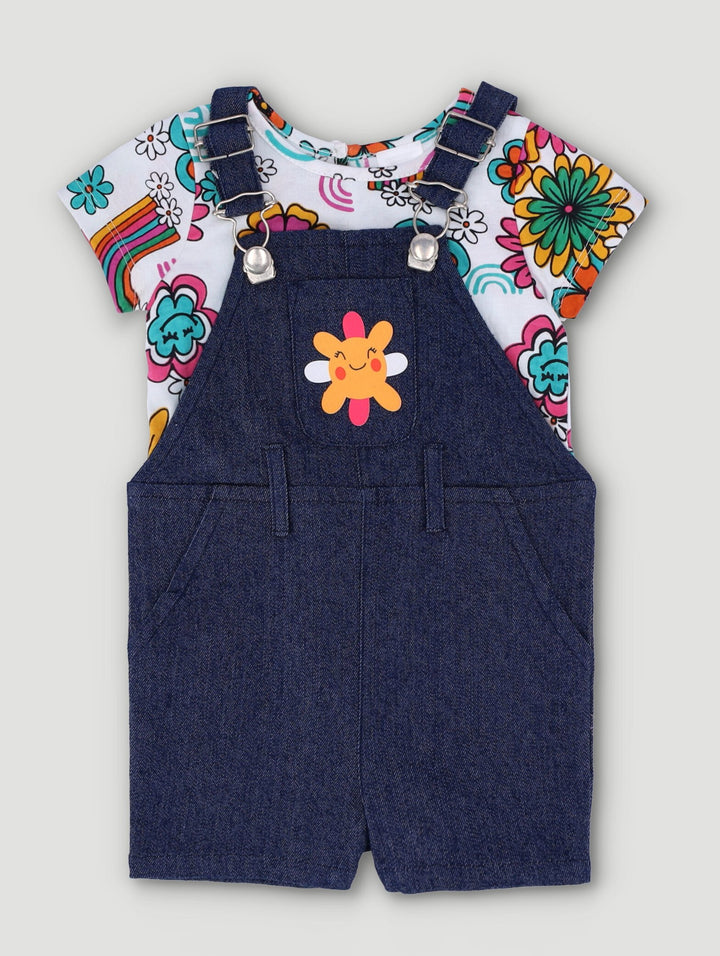 Baby Girls Flower Dungaree Shorts Set - Denim