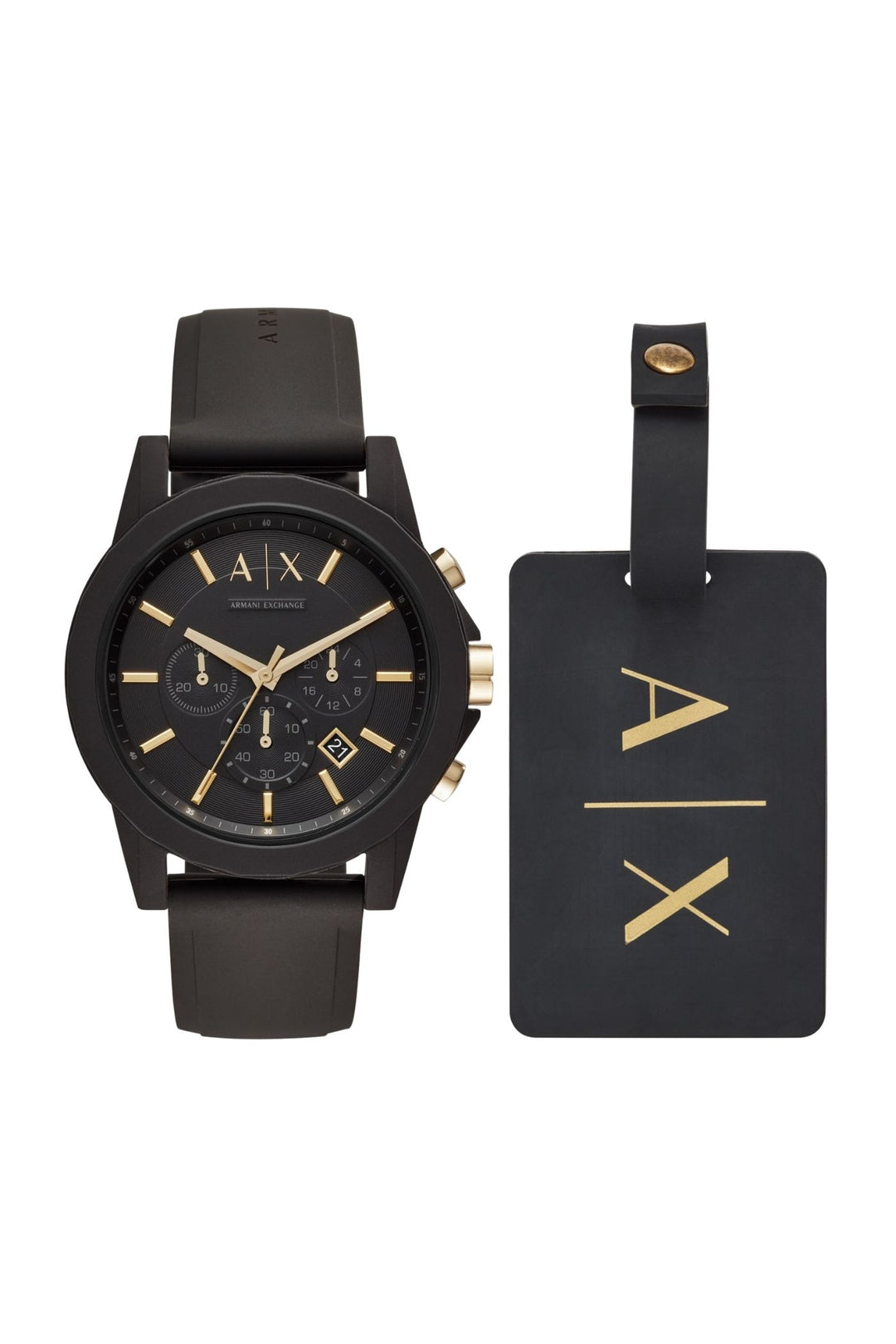 Mens Chronograph Black Silicone Watch And Luggage Tag Gift Set