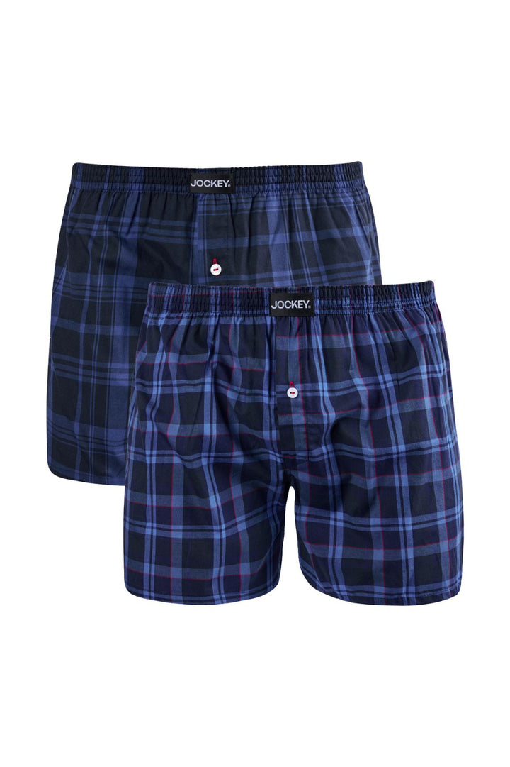 2 Pack Check Plain Boxers - Navy