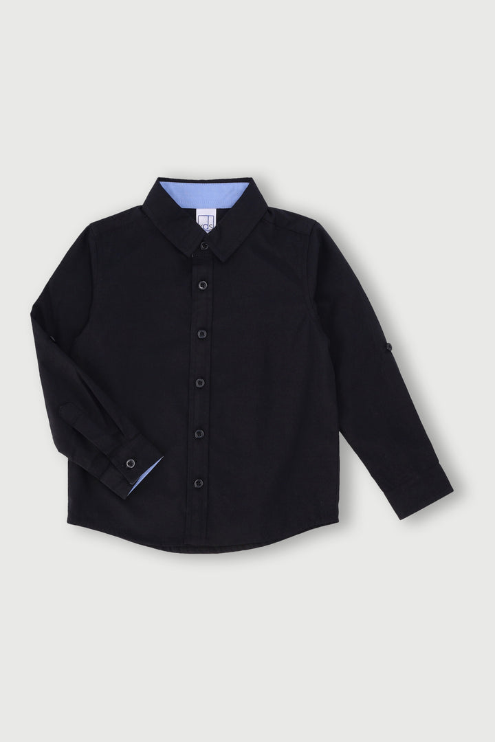 Pre-Boys Long Sleeve Plain Roll-Up Sleeve Shirt - Black