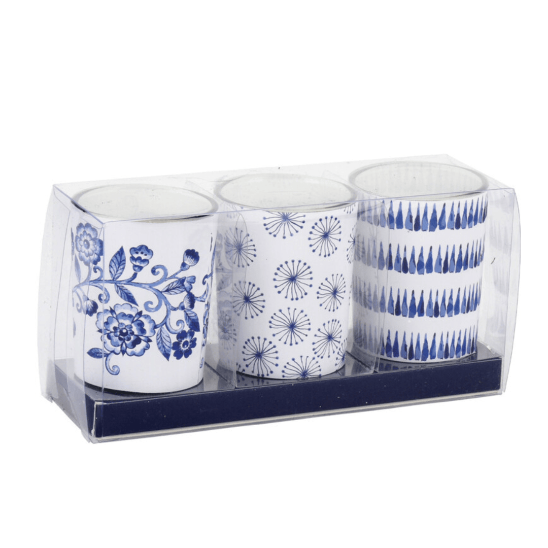 Set Of 3 Amber Candle In Glass - Blue